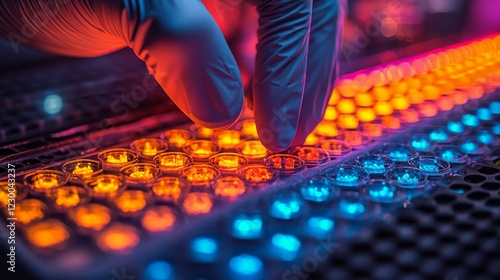 medical professional performs blood typing test using tray filled reagents. Clear chemical reactions reveal intricate patterns displaying accuracy of procedure. photo