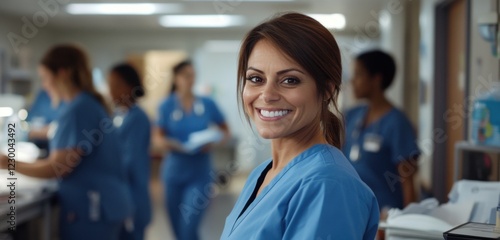 Free Download Female hispanic adult nurse smiling in hospital environment with medical team - GFXLoad