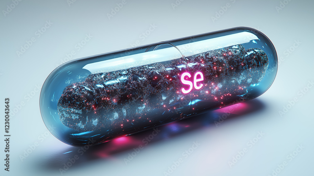 Futuristic dark blue capsule with transparent sections, glowing molecules inside, and 'Se' text on the surface, representing science, technology, and health, featuring selenium. Futuristic dark blue capsule with transparent sections, glowing molecules inside, and 'Se' text on the surface, representing science, technology, and health, featuring selenium.