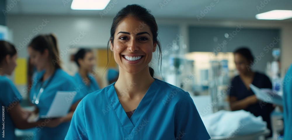 Smiling hispanic female nurse in blue scrubs in busy hospital ward Smiling hispanic female nurse in blue scrubs in busy hospital ward