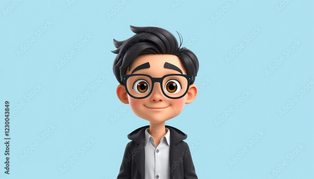 3D cartoon boy with glasses and white shirt smiling 3D cartoon boy with glasses and white shirt smiling