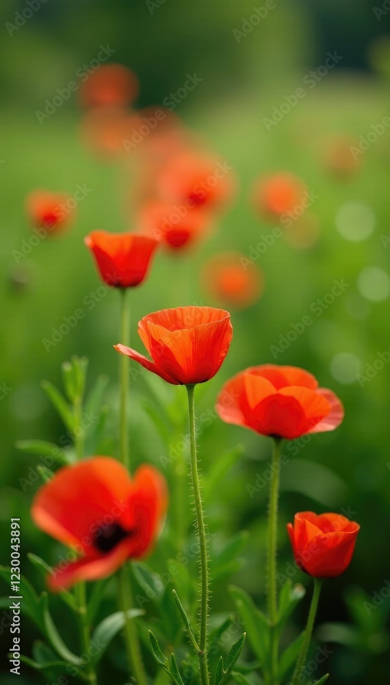 Obraz premium Row of red poppy flowers in a lush green meadow, blooms, poppies