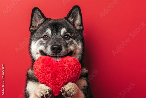 Akita - my cherished dog. Cute akita pooch with fluffy red heart - symbol of love, funny greeting card. Marketing conceptual art. Pet love and friendship. Valentine's dog stories. Red heart. photo