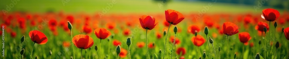 Row of red poppy flowers in a lush green meadow, field, red, landscape Row of red poppy flowers in a lush green meadow, field, red, landscape