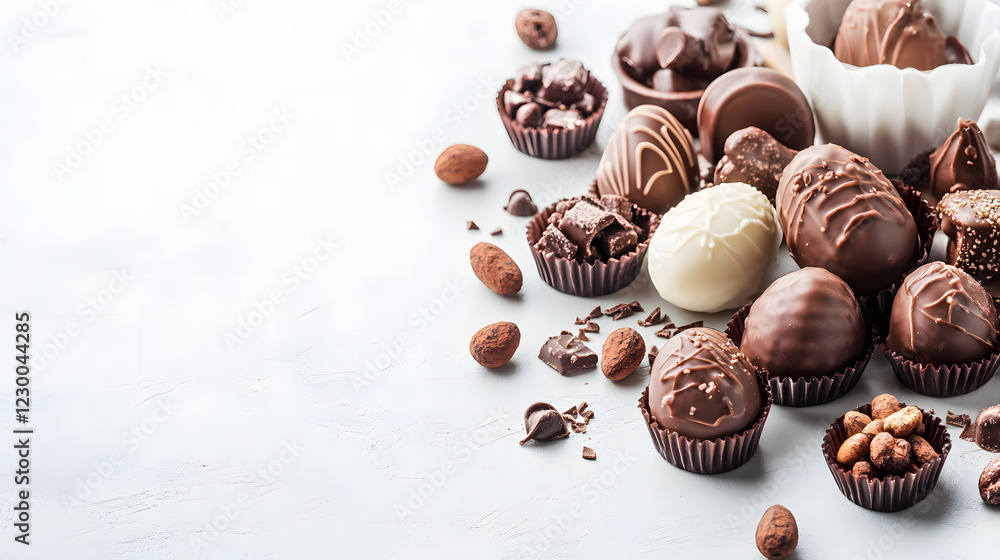 Delicious chocolate eggs and other confectionery on a light background with copy space Delicious chocolate eggs and other confectionery on a light background with copy space
