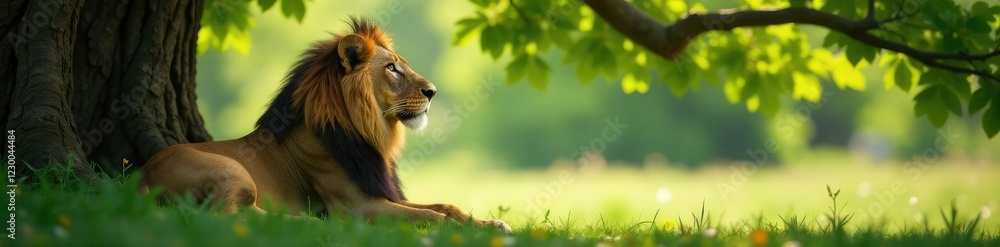 Fototapeta premium Serene lioness with dark mane curls up under leafy oak canopy, wildlife, canopy, serene