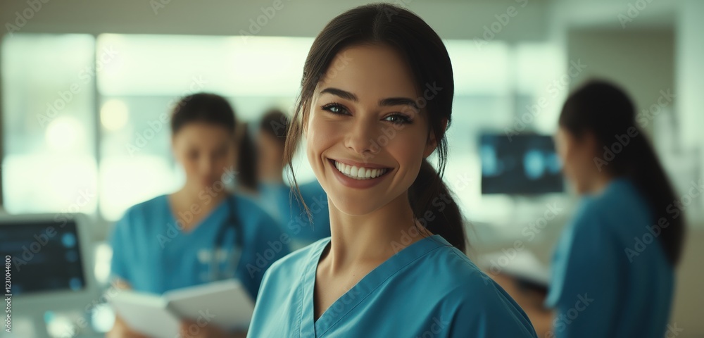 Smiling young hispanic female nurse in blue scrubs in hospital Smiling young hispanic female nurse in blue scrubs in hospital
