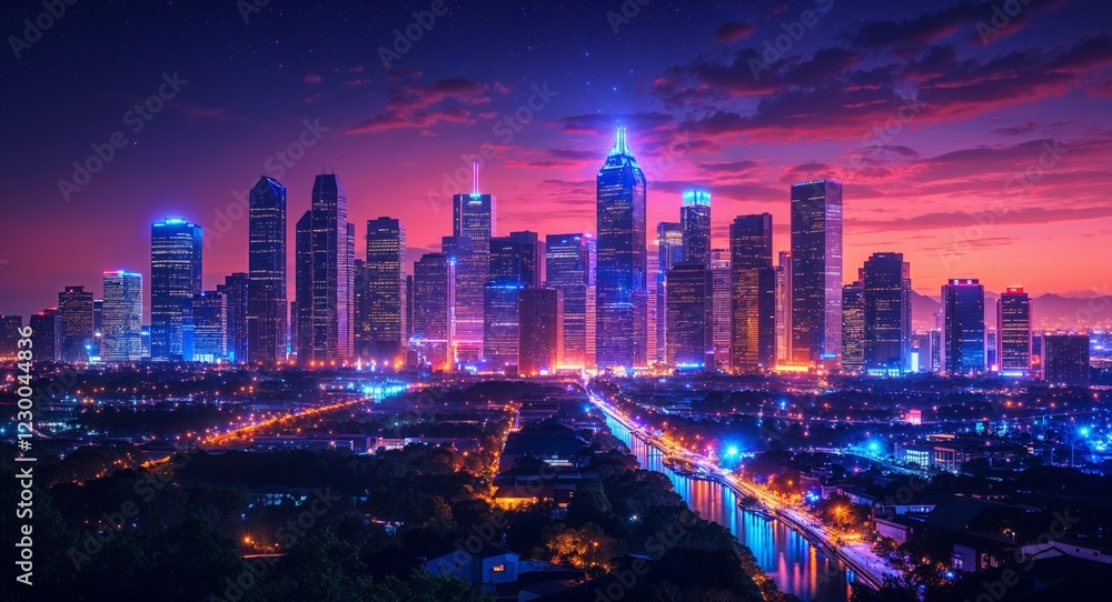 Obraz premium Vibrant night scene with city skyline and glowing lights