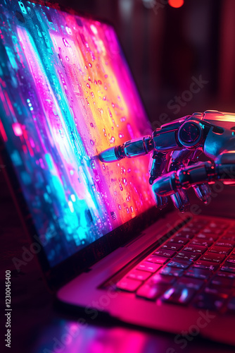 a laptop with a colorful screen, on a dark background, with a robot hand pointing to the center