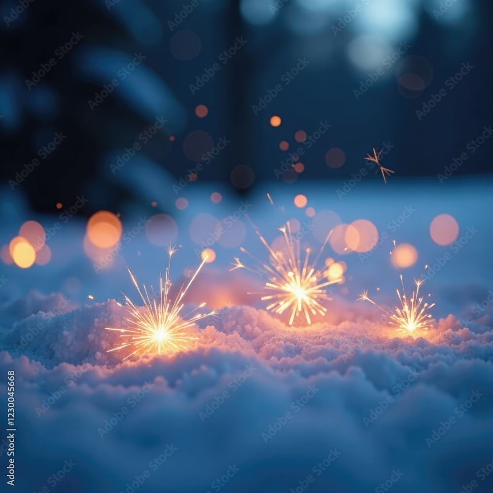 Obraz premium Sparklers scattered across the snowy ground with bokeh effect, frosty terrain, snow