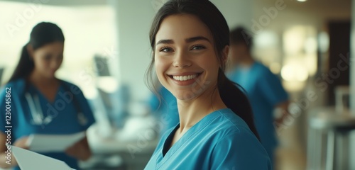 Free Download Smiling hispanic female young nurse in blue scrubs at busy hospital corridor - GFXLoad
