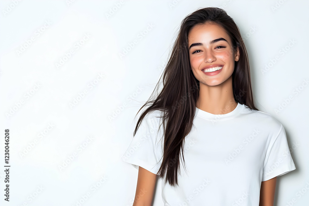 Happy woman, white shirt, studio. Lifestyle portrait Happy woman, white shirt, studio. Lifestyle portrait
