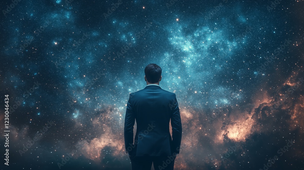 Man in Suit Gazing at Vast Starry Sky and Cosmic Universe Man in Suit Gazing at Vast Starry Sky and Cosmic Universe