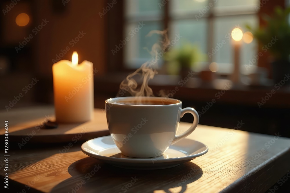 Steaming cup on wooden table amidst soft candlelight, soft, cozy Steaming cup on wooden table amidst soft candlelight, soft, cozy