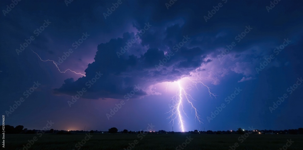 Stormy night with bright lightning illuminating dark clouds, , night sky Stormy night with bright lightning illuminating dark clouds, , night sky