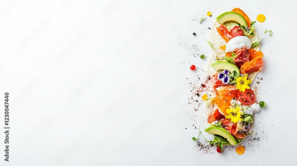 Obraz premium Gourmet lab-grown meat taco, adorned with avocado slices, colorful edible flowers, and vibrant sauces for a culinary delight