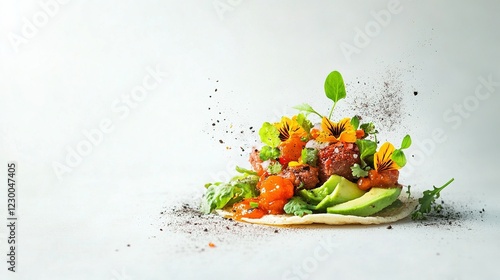 Fototapeta Naklejka Na Ścianę i Meble -  Artful lab-grown meat taco, adorned with creamy avocado, colorful edible flowers, and an array of vibrant sauces for a gourmet experience