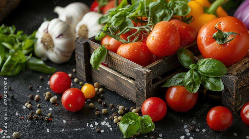 Freshly harvested tomatoes and herbs arranged in rustic crates with scattered spices on a dark surface Freshly harvested tomatoes and herbs arranged in rustic crates with scattered spices on a dark surface
