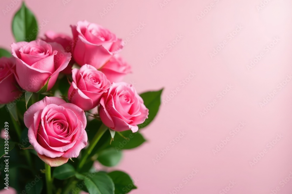 A bunch of fresh pink roses with leafy greens and stems, fresh cut flowers, greenery A bunch of fresh pink roses with leafy greens and stems, fresh cut flowers, greenery