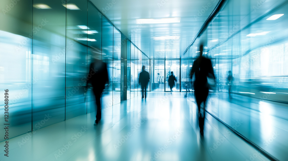 Blurred figures walking in modern corporate hallway environment Blurred figures walking in modern corporate hallway environment