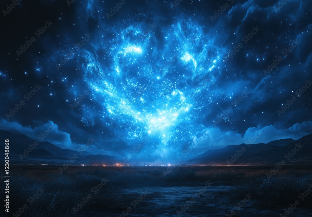 Captivating Cosmic Night Sky with Glowing Stars and Vibrant Clouds Illuminating the Landscape in an Ethereal Display of Celestial Beauty Captivating Cosmic Night Sky with Glowing Stars and Vibrant Clouds Illuminating the Landscape in an Ethereal Display of Celestial Beauty