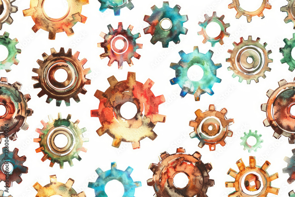 Colorful Cogs of Innovation: A vibrant and abstract pattern of gears, painted in hues of blue, orange, and green, symbolize interconnectedness, collaboration, and the driving force of innovation. Colorful Cogs of Innovation: A vibrant and abstract pattern of gears, painted in hues of blue, orange, and green, symbolize interconnectedness, collaboration, and the driving force of innovation.