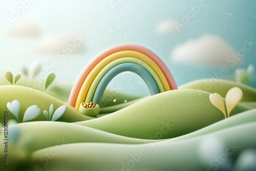 Enchanting rainbow arcing over a lush green field with dew-kissed grass with a small pot of gold at the end. photo