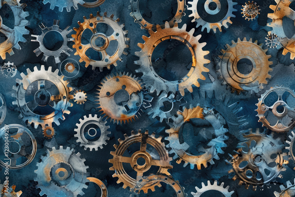 Interlocking Gears: A mesmerizing pattern of intricately designed gears in shades of blue, gold, and silver, creating a captivating image suggestive of complex machinery, industrial design. Interlocking Gears: A mesmerizing pattern of intricately designed gears in shades of blue, gold, and silver, creating a captivating image suggestive of complex machinery, industrial design.