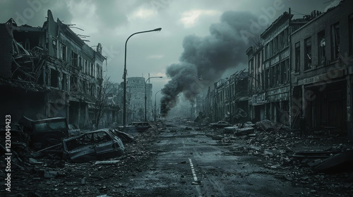 Post-Apocalyptic City Street with Crumbling Buildings and Smoke in Dark Atmosphere photo