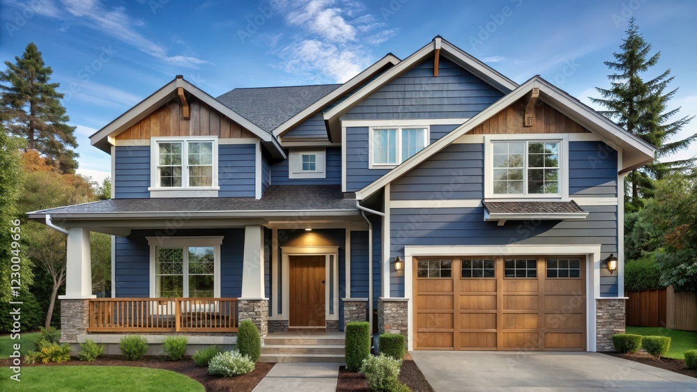 House with blue gray siding and wood accents on front view, home front House with blue gray siding and wood accents on front view, home front