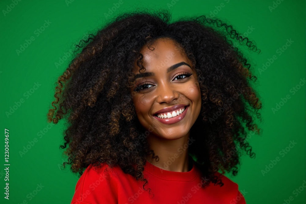Fototapeta premium Young woman with afro hair smiling on green background
