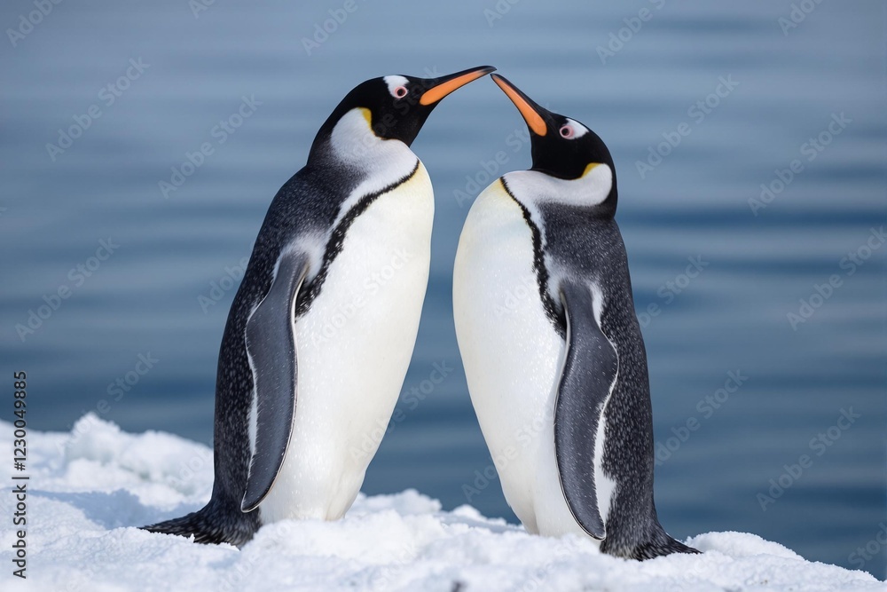 Fototapeta premium Two emperor penguins showing affection on ice floe