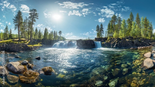 Sunny waterfall in pine forest, clear water, summer landscape, nature photography