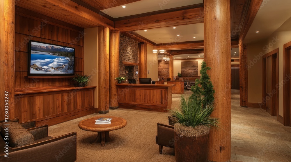 Fototapeta premium A well-designed office reception with wooden details, plush armchairs, and a TV airing a travel documentary