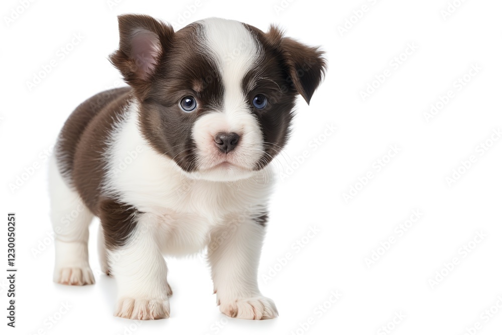 there is a small puppy standing on a white surface there is a small puppy standing on a white surface