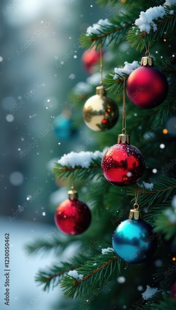 colorful Christmas balls on a spruce branch amidst falling snowflakes, evergreen tree, winter colorful Christmas balls on a spruce branch amidst falling snowflakes, evergreen tree, winter
