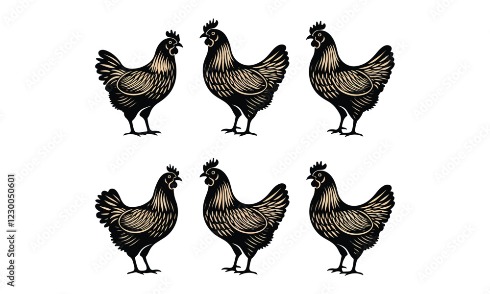 Fototapeta premium Stylized chickens in black and gold, ideal for farm, poultry, and rural-themed designs