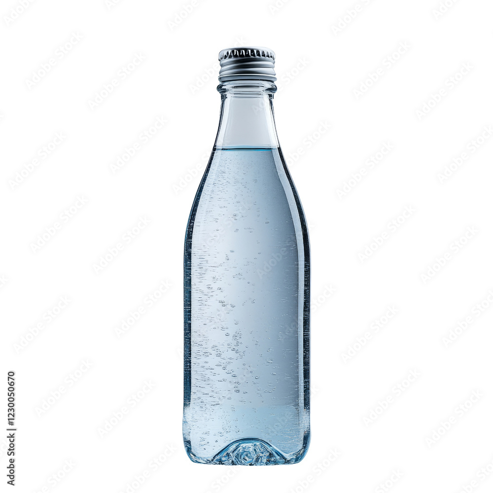 A clear glass bottle filled with sparkling water, showcasing bubbles and a sleek design. A clear glass bottle filled with sparkling water, showcasing bubbles and a sleek design.