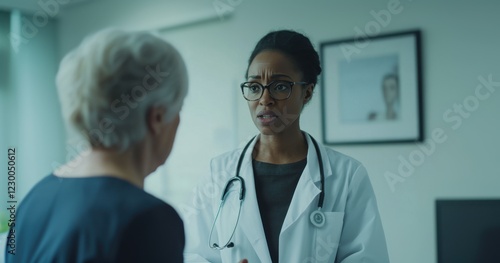 Female african adult doctor consulting with caucasian elderly patient in medical office