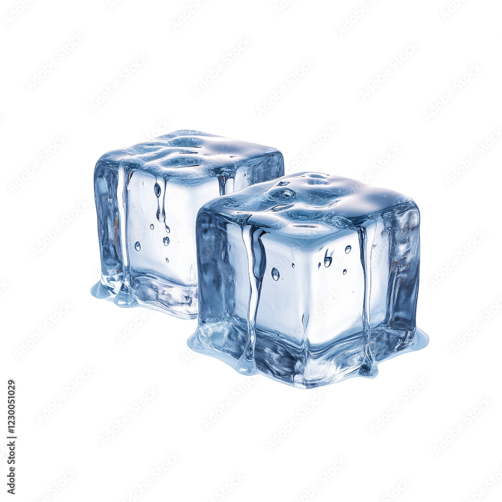 Obraz premium Two ice cubes with a glistening surface, showcasing their crystalline structure and water droplets.