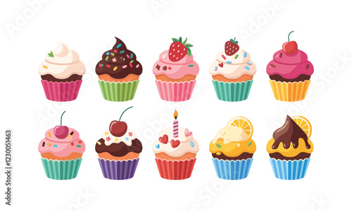 Cute Cartoon Cupcakes with Colorful Frosting and Toppings in Various Flavors
