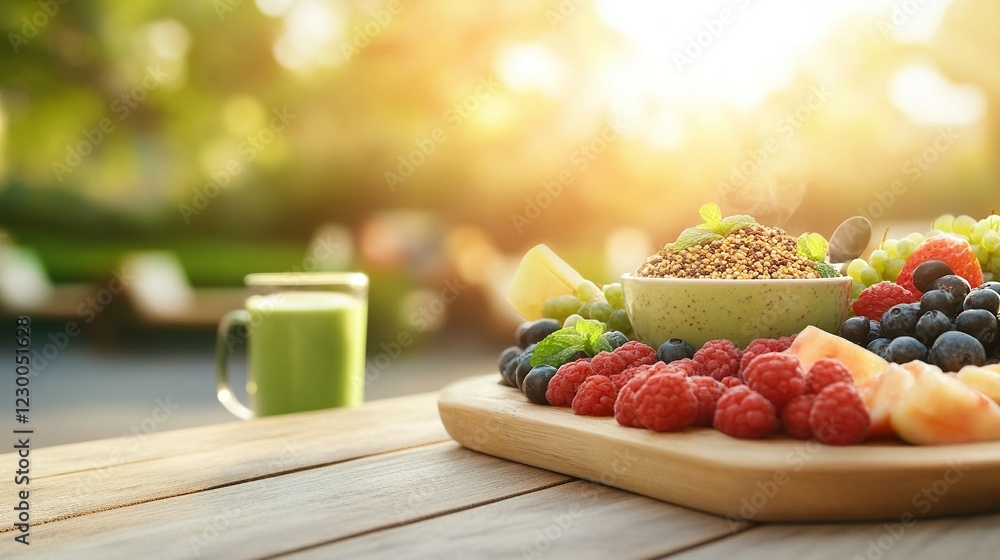 Vibrant breakfast feast featuring quinoa parfaits, acai bowls, matcha tea, enjoyed on a sunlit terrace