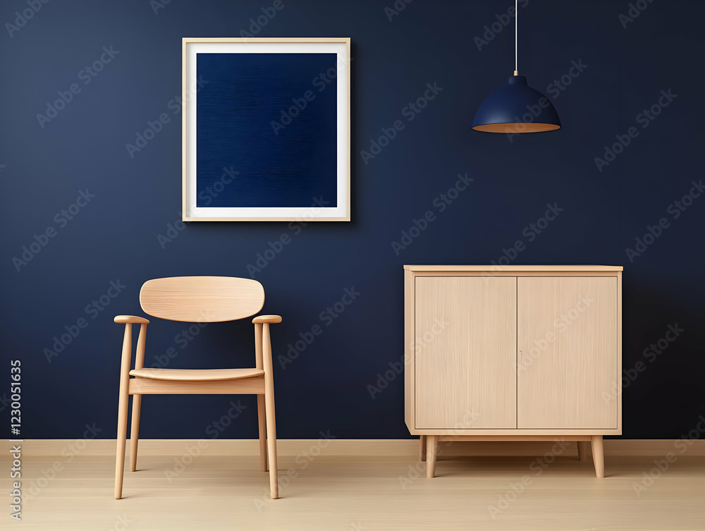 Fototapeta premium Light wood chair, cabinet, blue wall, modern interior design, home decor
