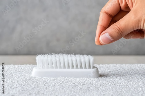 A white plastic cleaning brush with bristles on the top, which is being held by an outstretched finger of one hand and used to clean dust from fabric photo