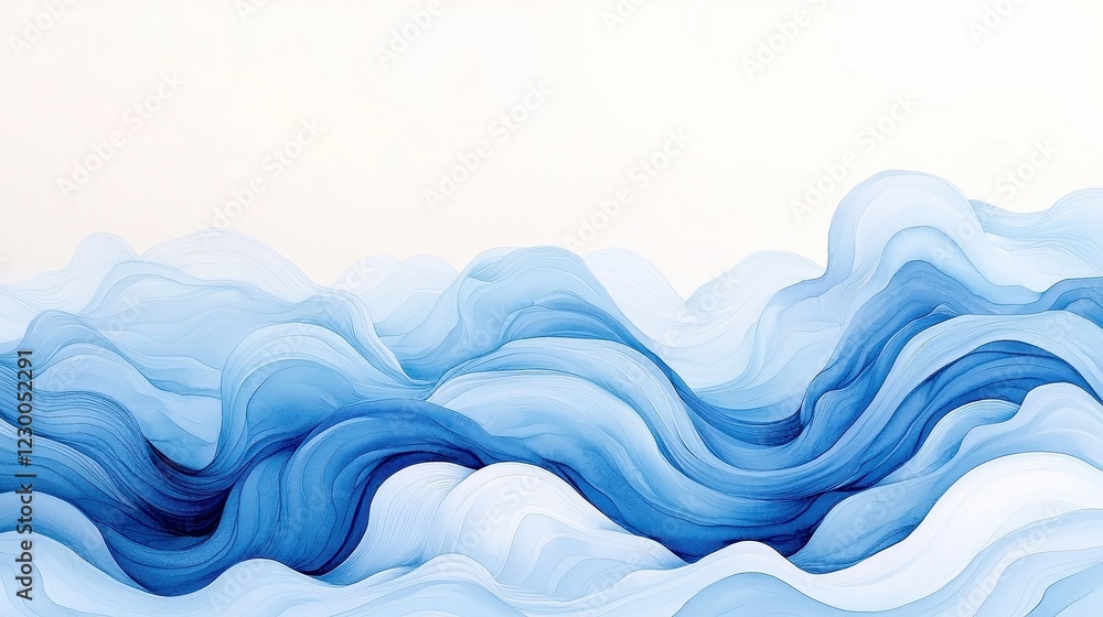 Fototapeta premium Azure Flow Motion, vibrant deep blue waves merging with a limitless horizon, hand-painted watercolor artwork ideal for summer-themed décor and stationery projects