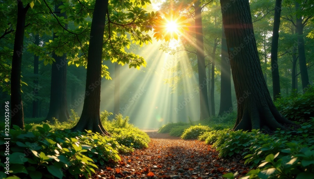 Obraz premium Radiant sunlight filters through forest canopy, rays, greenery