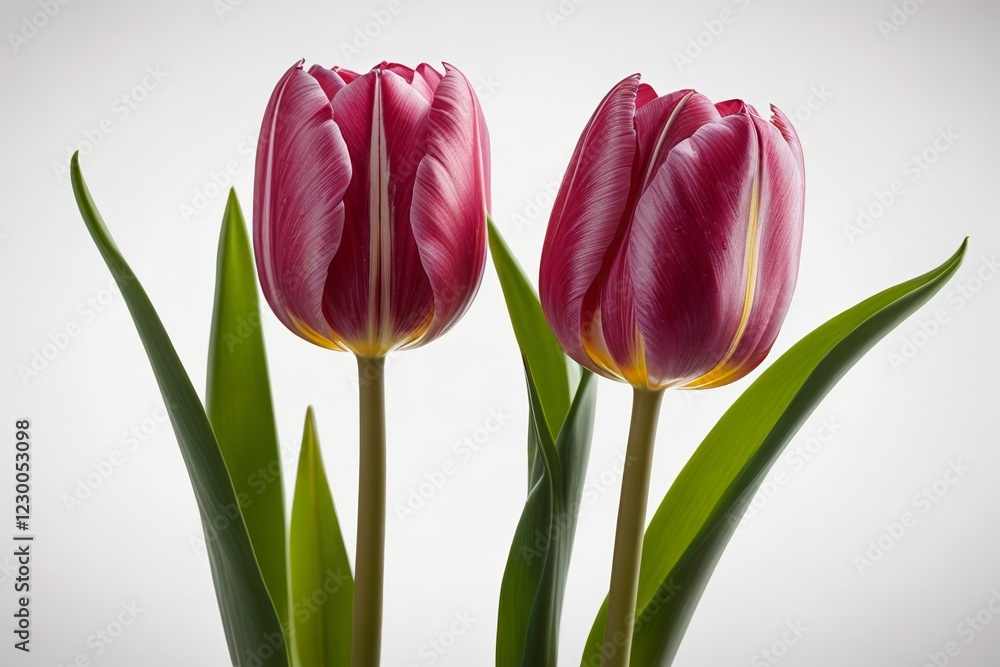 Fototapeta premium there are two pink tulips in a vase with green leaves