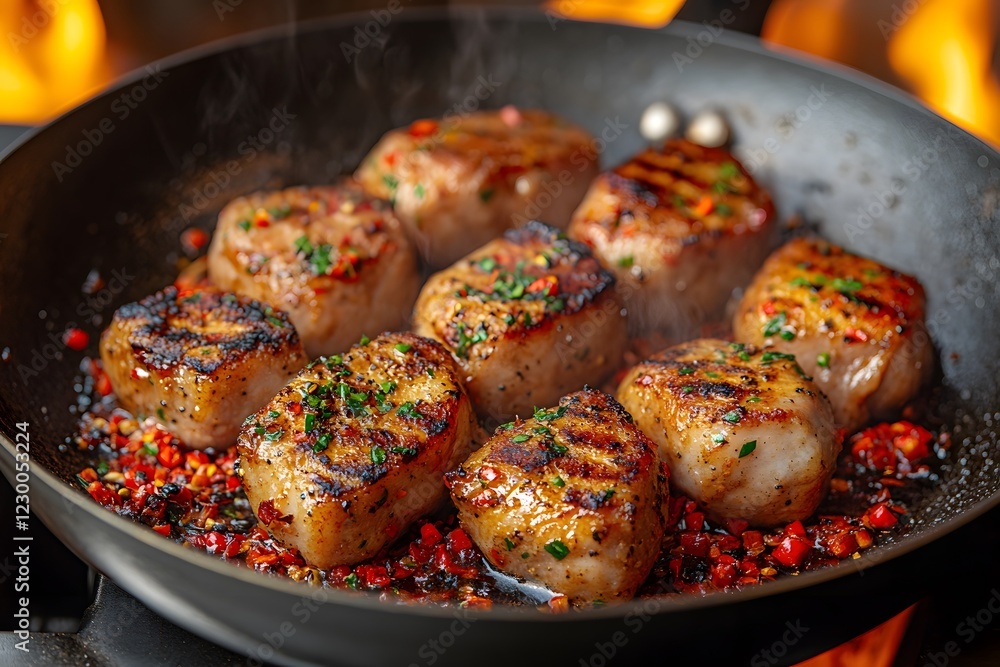 Grilled Scallops with Fresh Herbs and Peppers in a Hot Skillet - Perfect for Culinary Art and Cooking Designs Grilled Scallops with Fresh Herbs and Peppers in a Hot Skillet - Perfect for Culinary Art and Cooking Designs