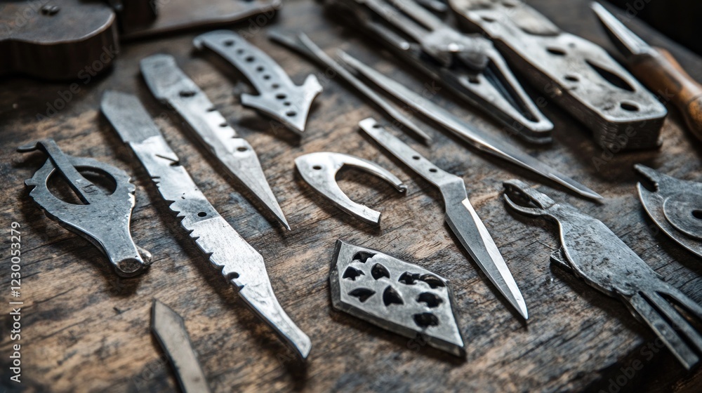 Fototapeta premium Assortment of Handcrafted Metal Tools on a Rustic Wooden Surface