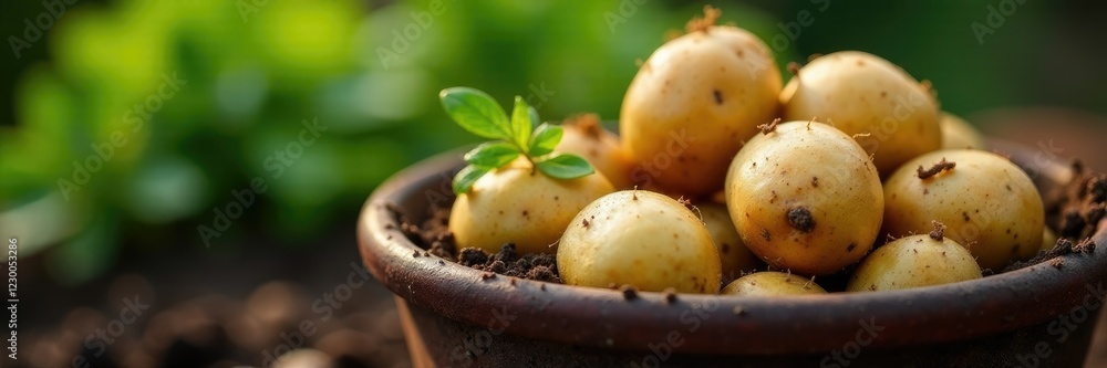Freshly harvested potatoes from a pot container gardening, earthy, crop